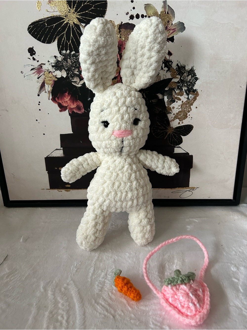 Handmade Plush Bunny with Strawberry Bag and Carrot - Picture 5 of 5